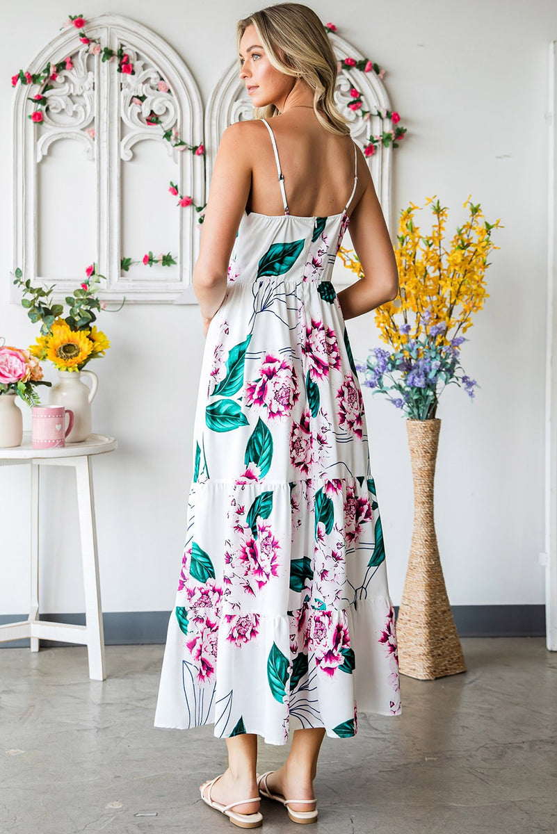 Daly Maxi Shirt Dress - White with Blue Floral Cut Out Detail