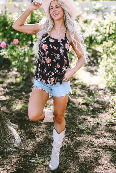 Black Floral Strappy Tank