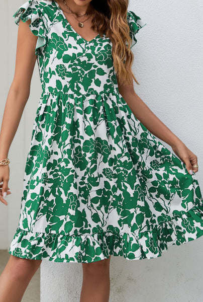 Dark Green Leaf Print Dress