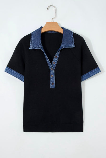 Denim Collared Black Waffle Top