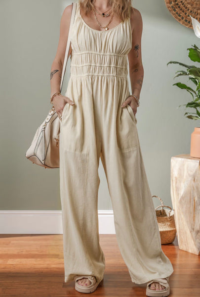 Beige Ruched Jumpsuit