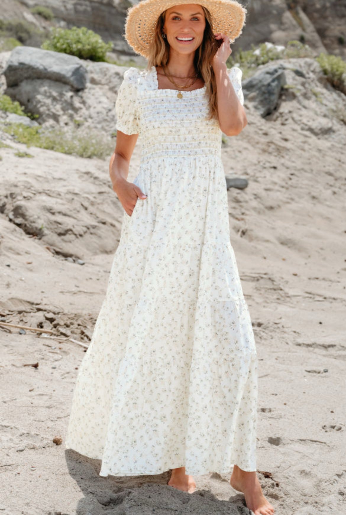 White Floral Smocked Maxi
