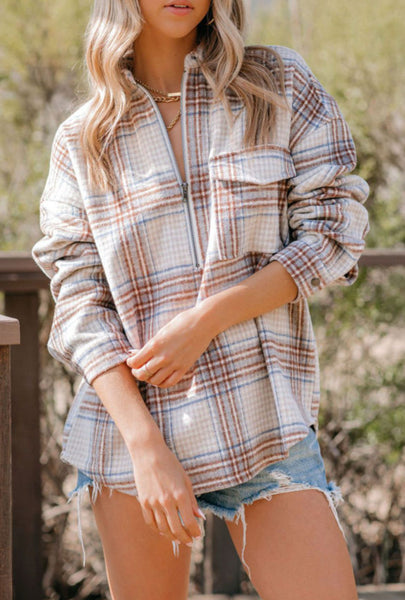 Camel Plaid 1/2 Zip Top