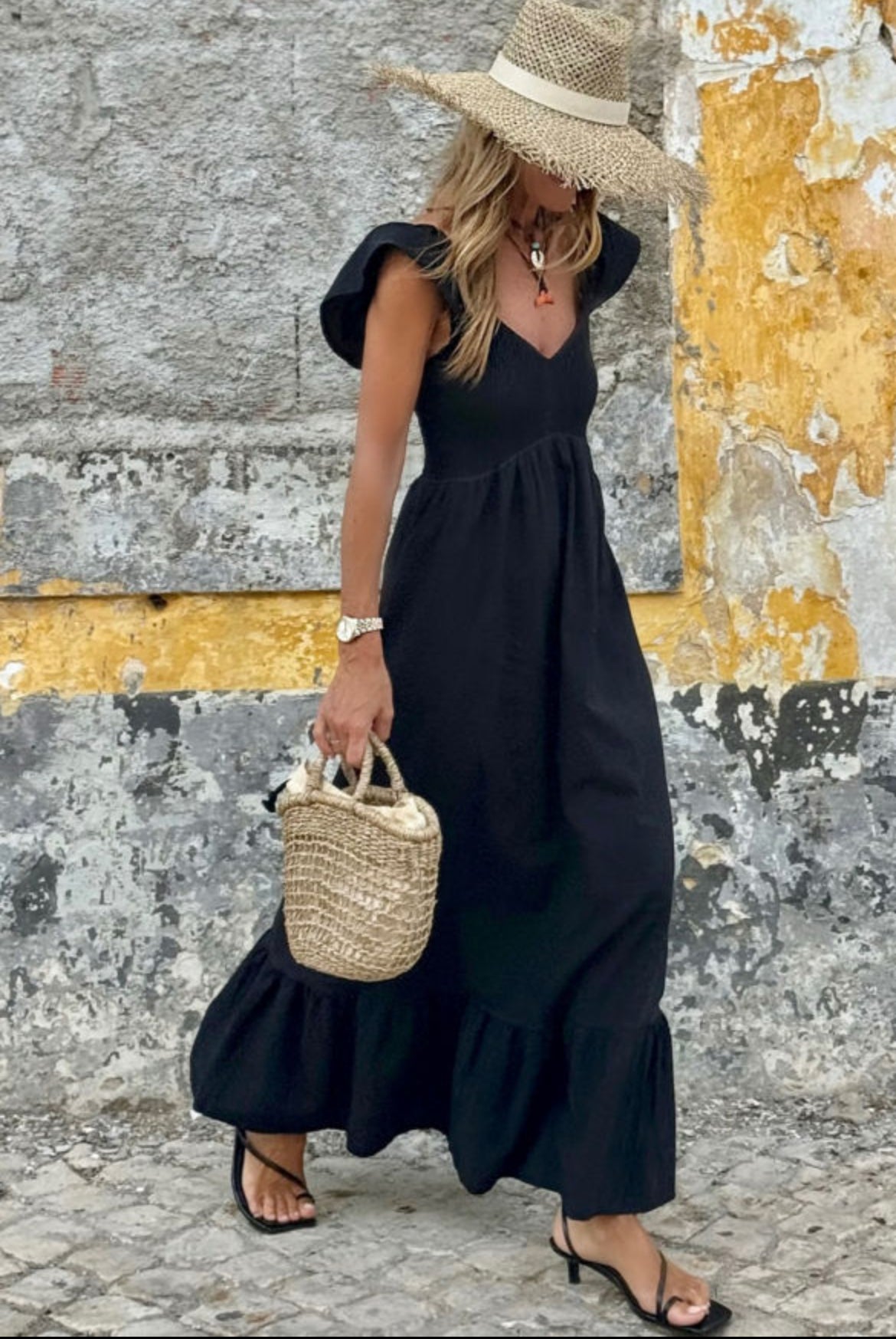 Black Smocked Ruffle Maxi