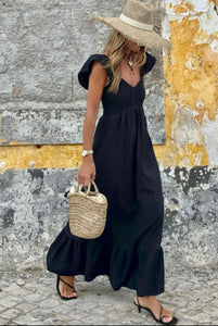 Black Smocked Ruffle Maxi