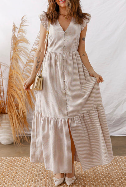 Sand Striped Button Dress