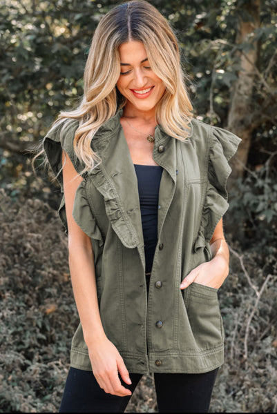 Olive Ruffled Denim Jacket