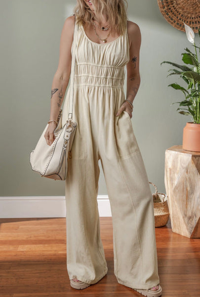Beige Ruched Jumpsuit