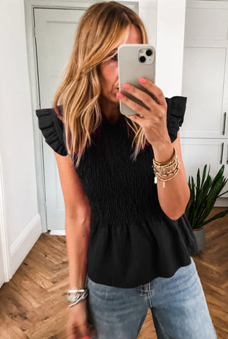 Black Smocked Ruffle Top