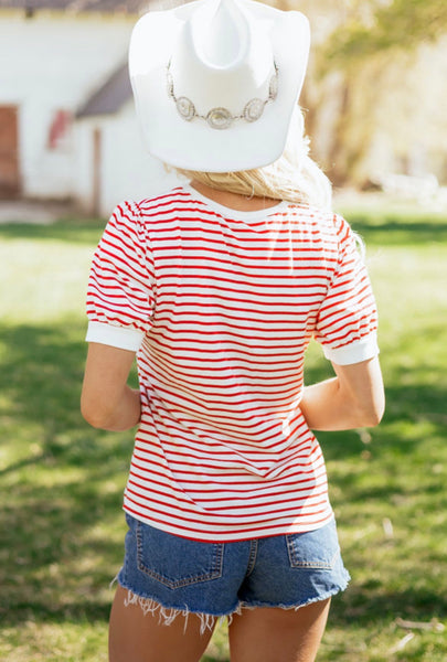 Elegant Red Striped Puff Sleeve Top
