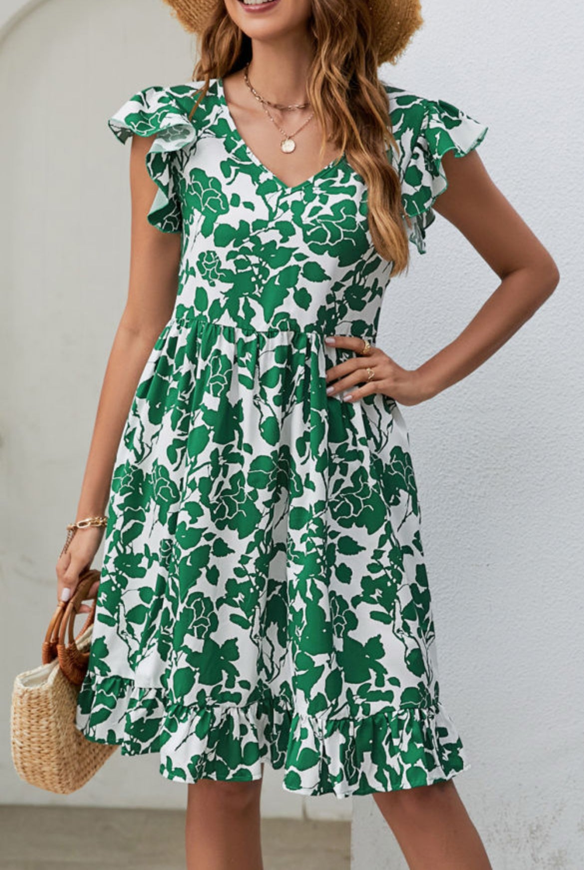 Dark Green Leaf Print Dress