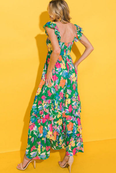 Green Floral Tiered Maxi