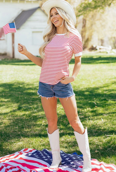 Elegant Red Striped Puff Sleeve Top