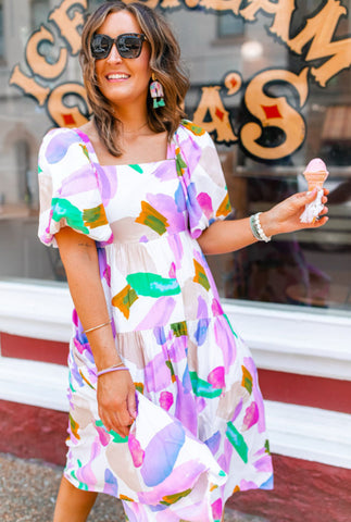 Purple Abstract Puff Sleeve Dress