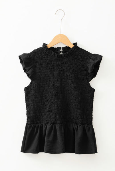 Black Smocked Ruffle Top