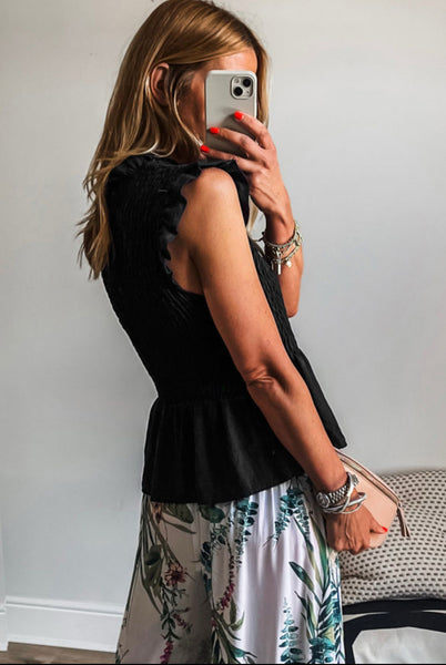 Black Smocked Ruffle Top