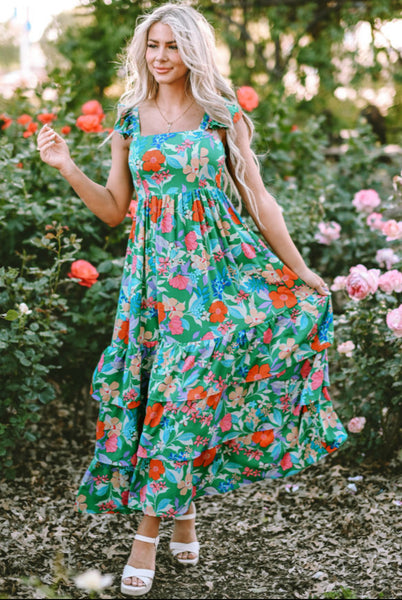 Green Floral Tiered Maxi
