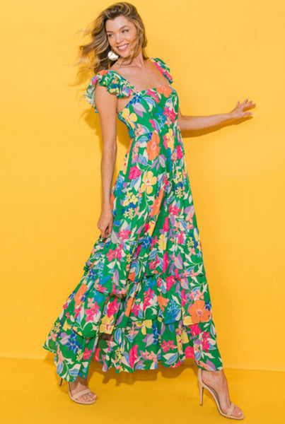 Green Floral Tiered Maxi